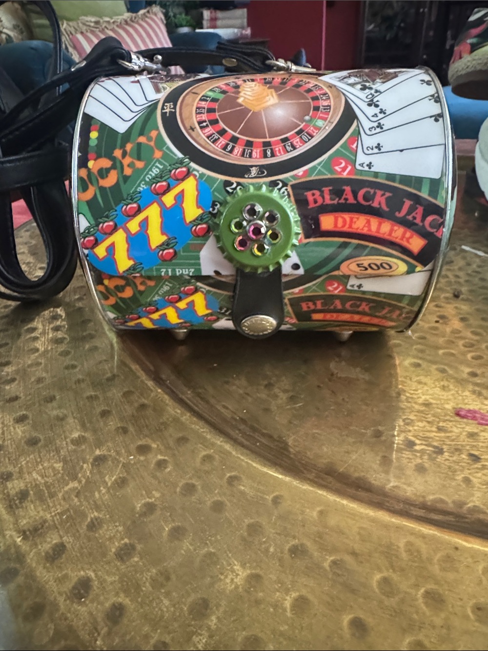Casino Print Mini Barrel Bag in Green